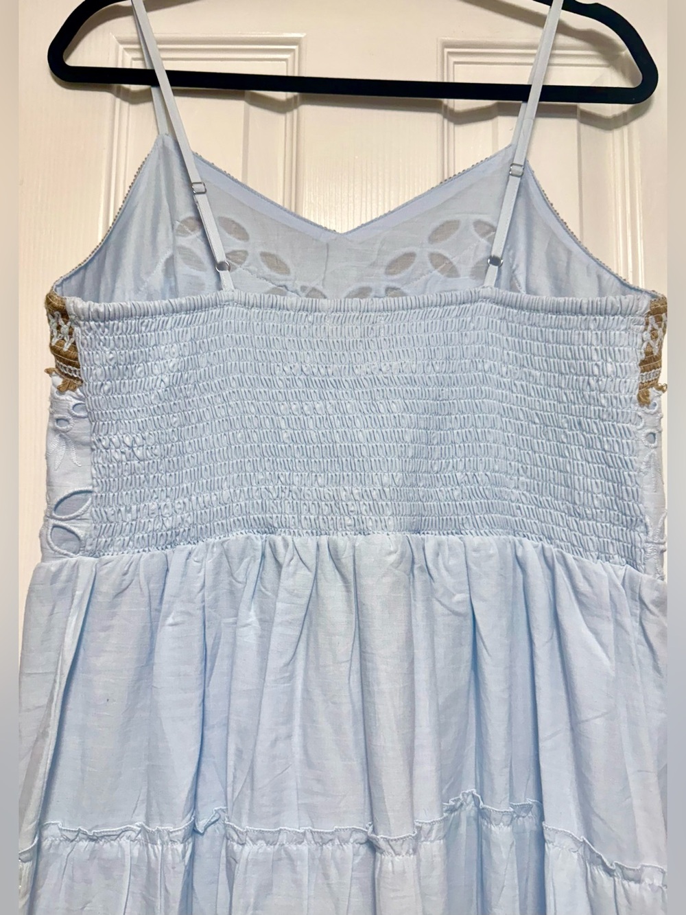 Light Blue Eyelet Midi Dress with Tan Trim - Picture 9 of 12